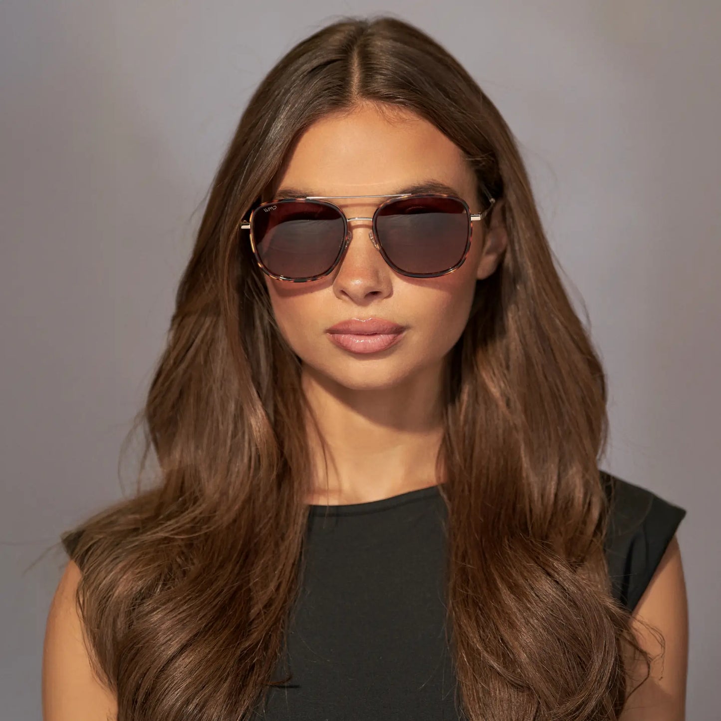 Ruby Tortoise / Brown Gradient Lens || Woman wearing Ruby Tortoise Aviator Metal Frame Sunglasses with Brown Gradient Polarized Lenses