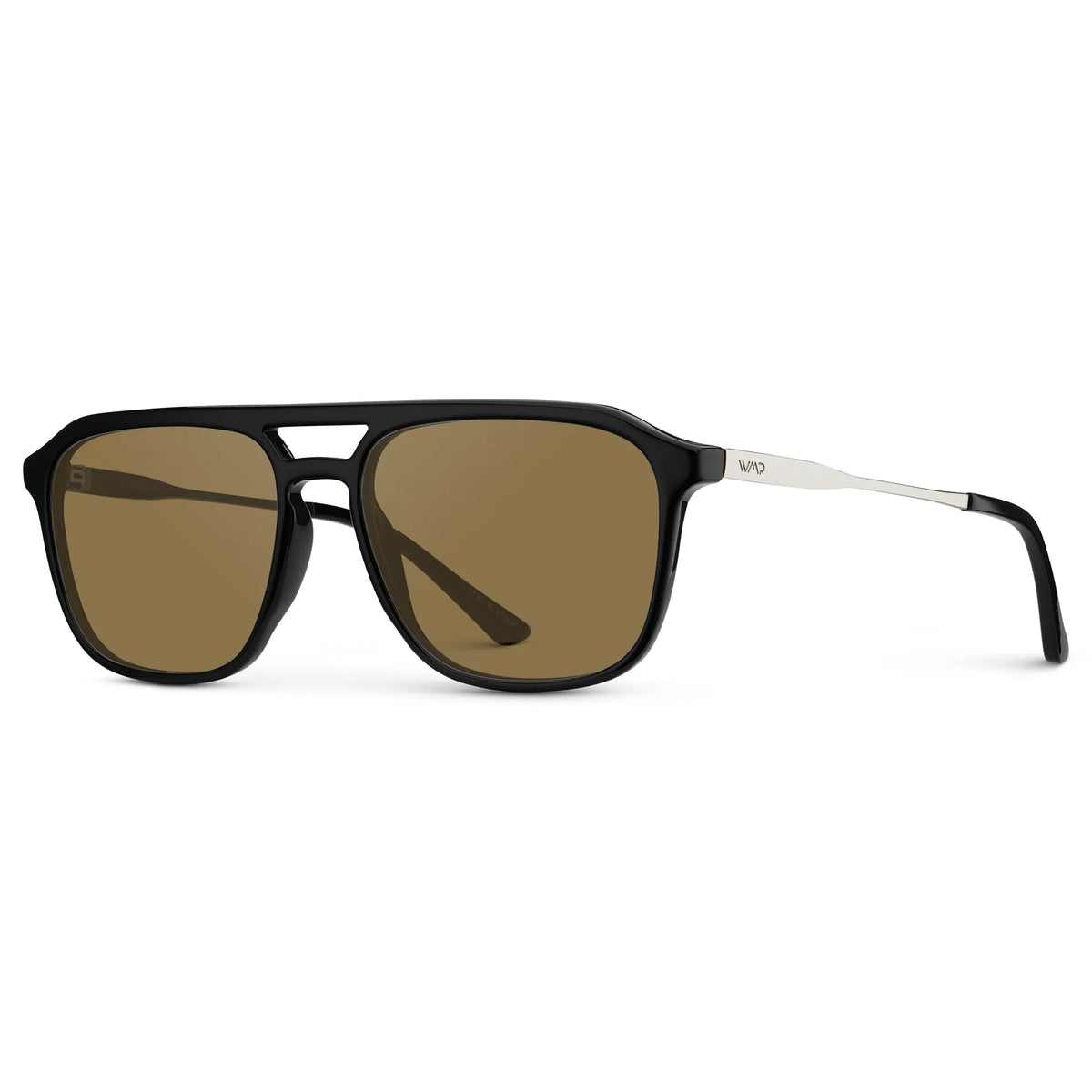 Black / Amber || Side view of Men's Double Bridge Aviator Prescription Sunglasses with Black Frame and Brown Lens on a white background