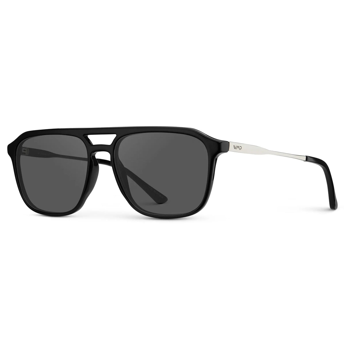 Black / Grey || Side view of Men's Double Bridge Aviator Prescription Sunglasses with Black Frame and Grey Lens on a white background