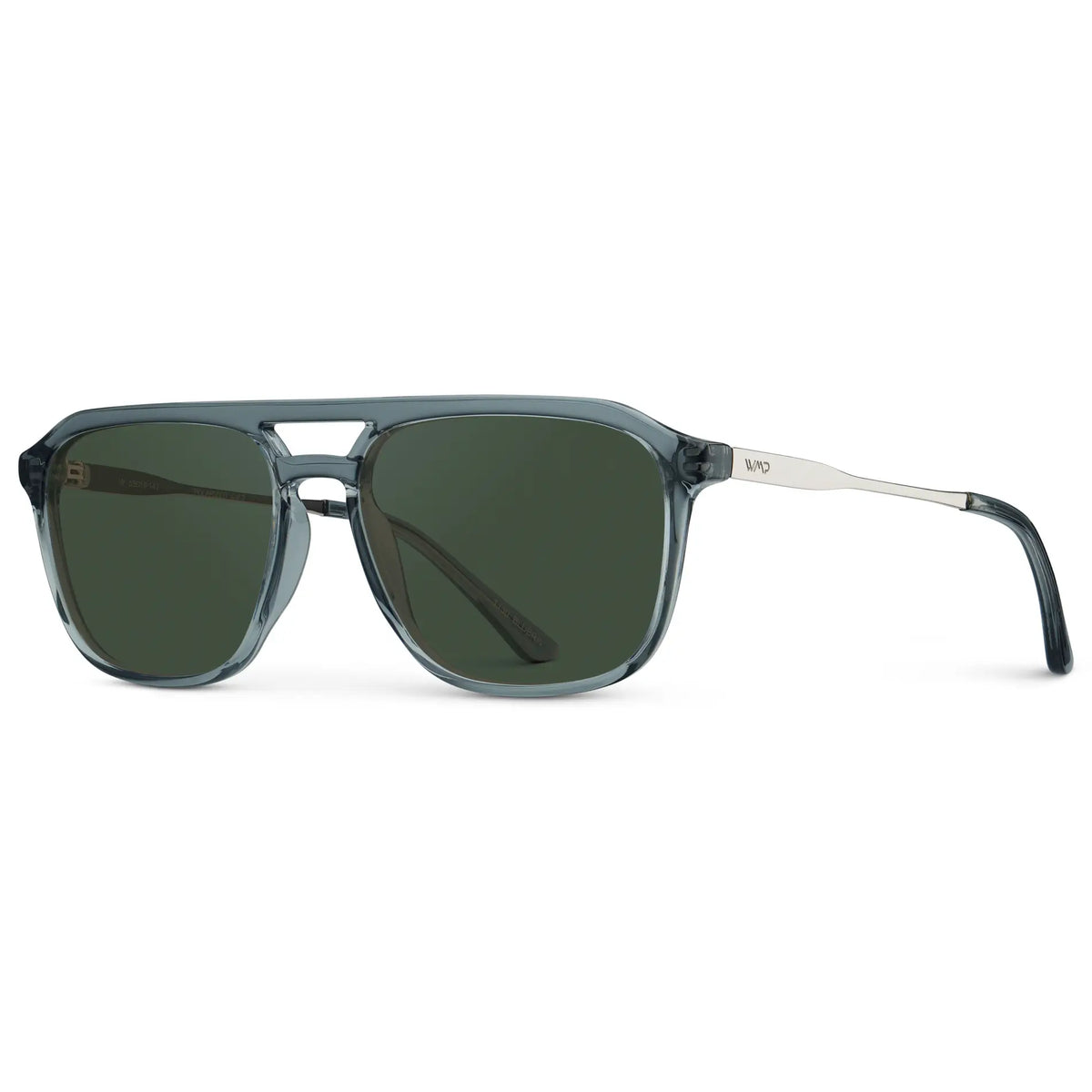 Stone Blue / G15 || Side view of Men's Double Bridge Aviator Prescription Sunglasses with Stone Blue Frame and Green Lens on a white background