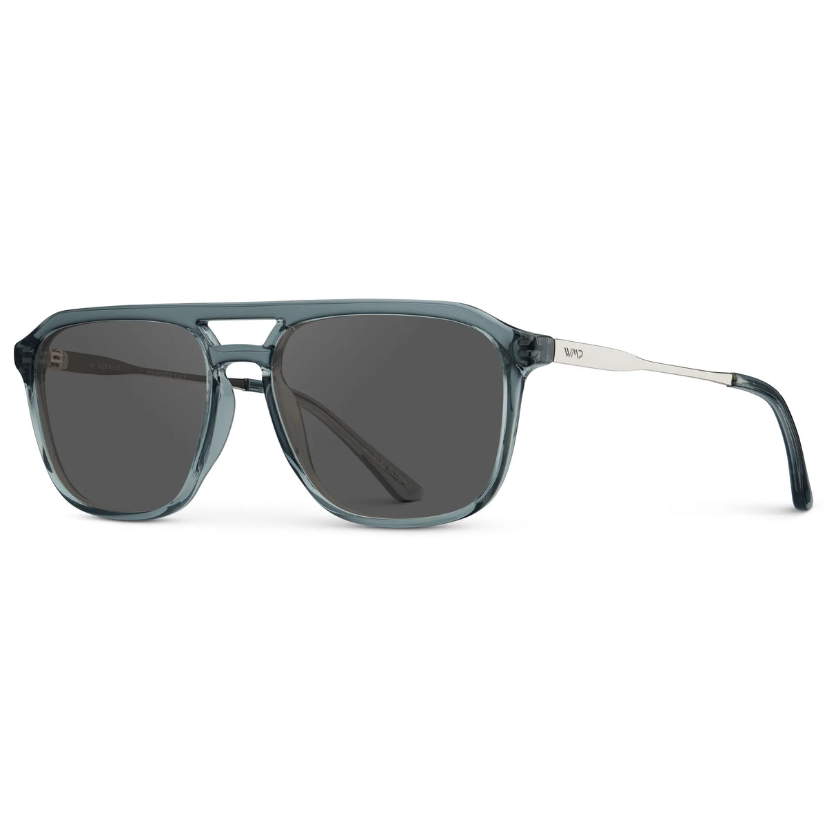 Stone Blue / Grey || Side view of Men's Double Bridge Aviator Prescription Sunglasses with Stone Blue Frame and Grey Lens on a white background