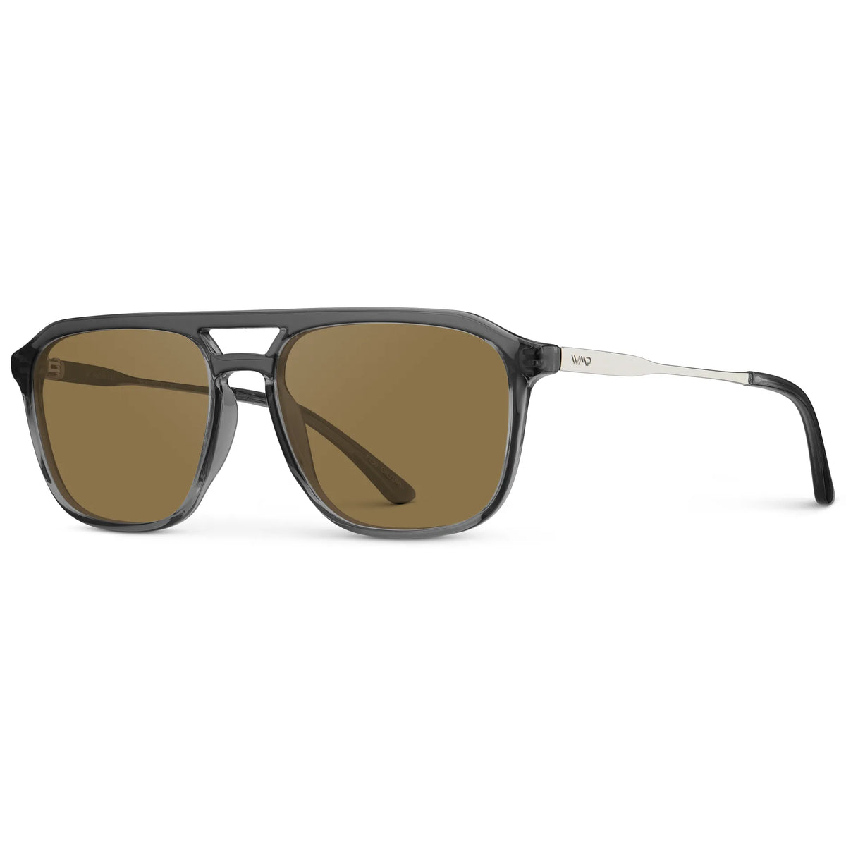 Smoke Grey / Amber || Side view of Men's Double Bridge Aviator Prescription Sunglasses with Smoke Grey Frame and Brown Lens on a white background