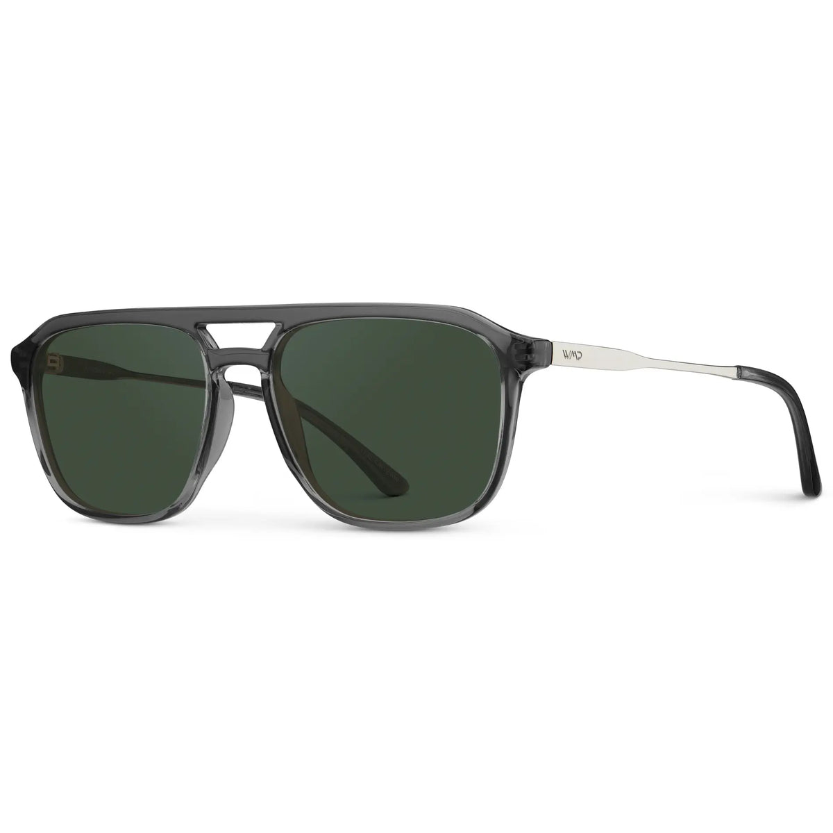 Smoke Grey / G15 || Side view of Men's Double Bridge Aviator Prescription Sunglasses with Smoke Grey Frame and Green Lens on a white background