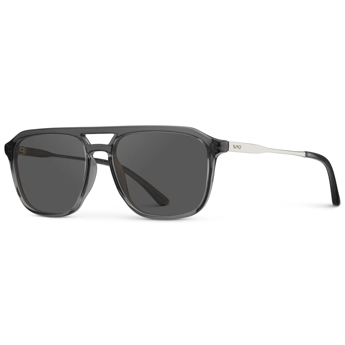 Smoke Grey / Grey || Side view of Men's Double Bridge Aviator Prescription Sunglasses with Smoke Grey Frame and Grey Lens on a white background