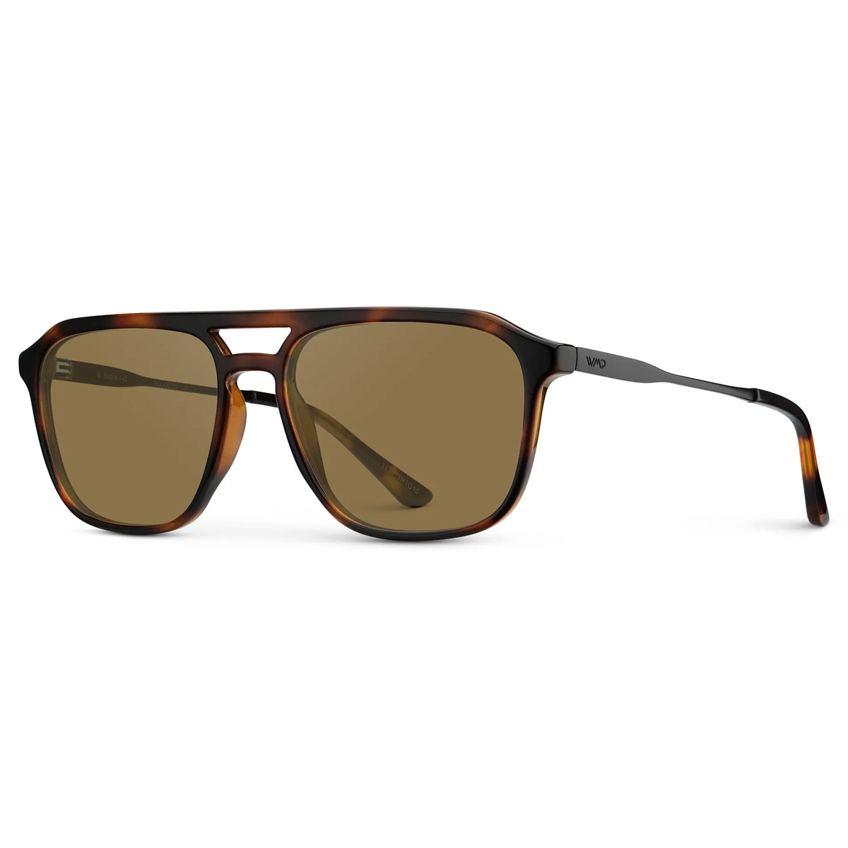 Brown Tortoise / Amber || Side view of Men's Double Bridge Aviator Prescription Sunglasses with Brown Tortoise Frame and Brown Lens on a white background