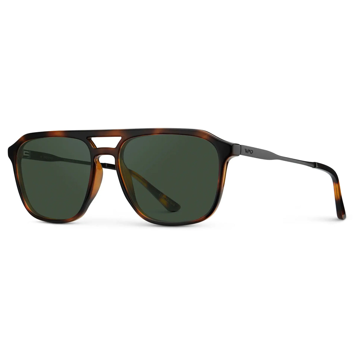 Brown Tortoise / G15 || Side view of Men's Double Bridge Aviator Prescription Sunglasses with Brown Tortoise Frame and Green Lens on a white background