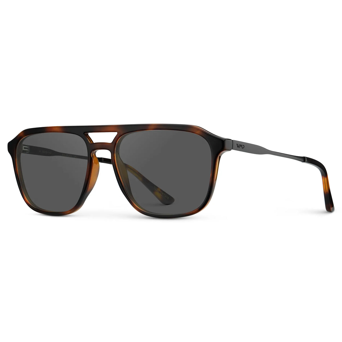 Brown Tortoise / Grey || Side view of Men's Double Bridge Aviator Prescription Sunglasses with Brown Tortoise Frame and Grey Lens on a white background