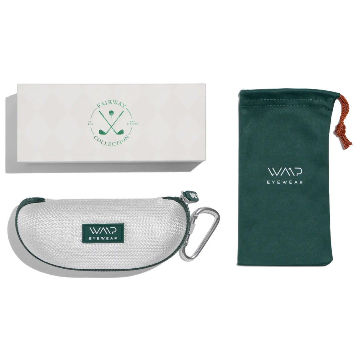 Black / Amber || Golf packaging with white box, white hard shell green zipper case and green microfiber pouch