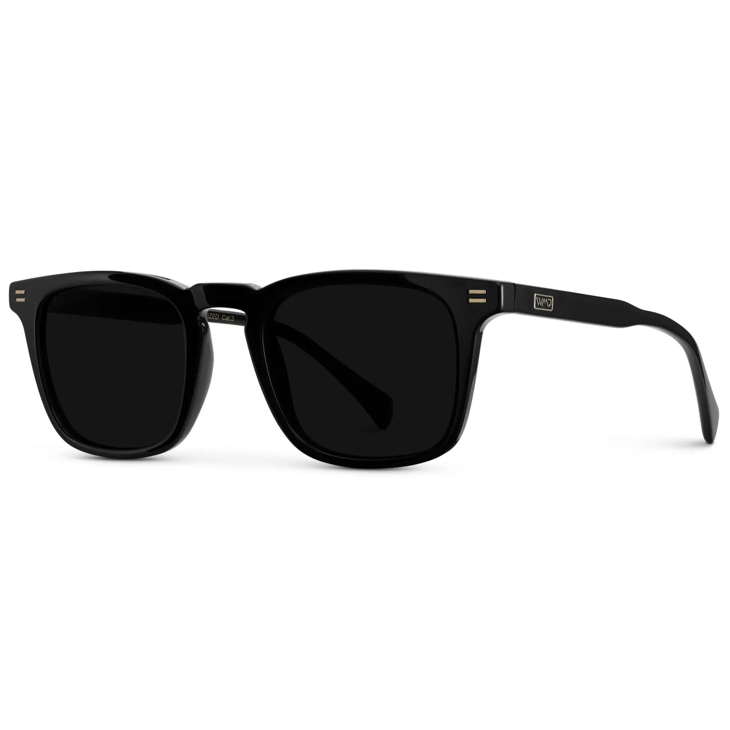 Black / Triple Black Lens || Side view of Men's Rectangular Polarized Sunglasses with Black Frame and Black Lenses on a white background
