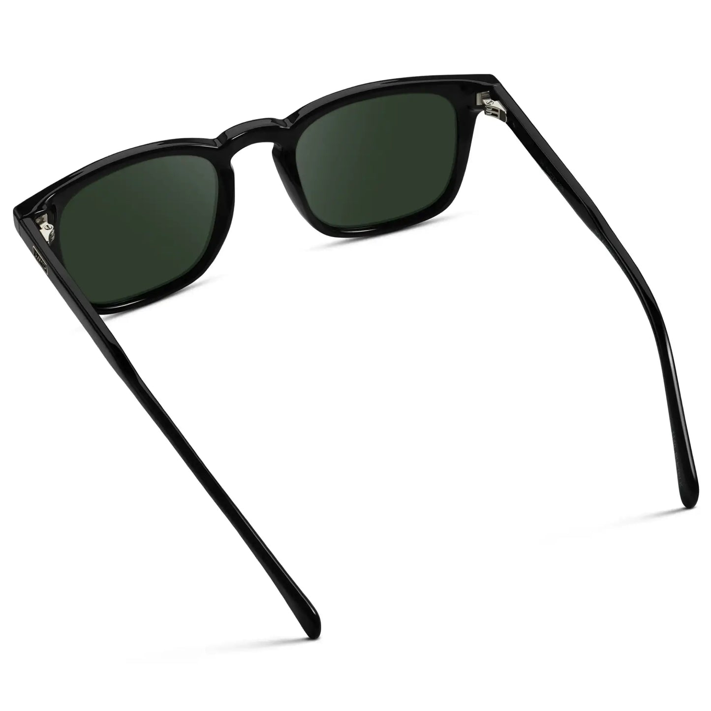 Black / G15 || Back view of Men's Rectangular Prescription Sunglasses with Black Frame and Green Lenses on a white background