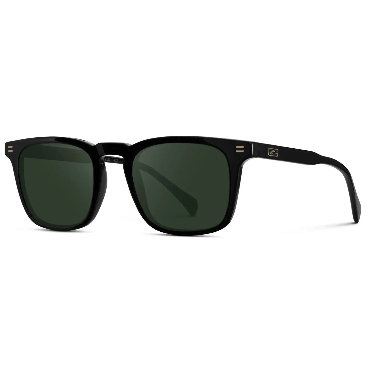 Black / G15 || Side view of Men's Rectangular Prescription Sunglasses with Black Frame and Green Lenses on a white background