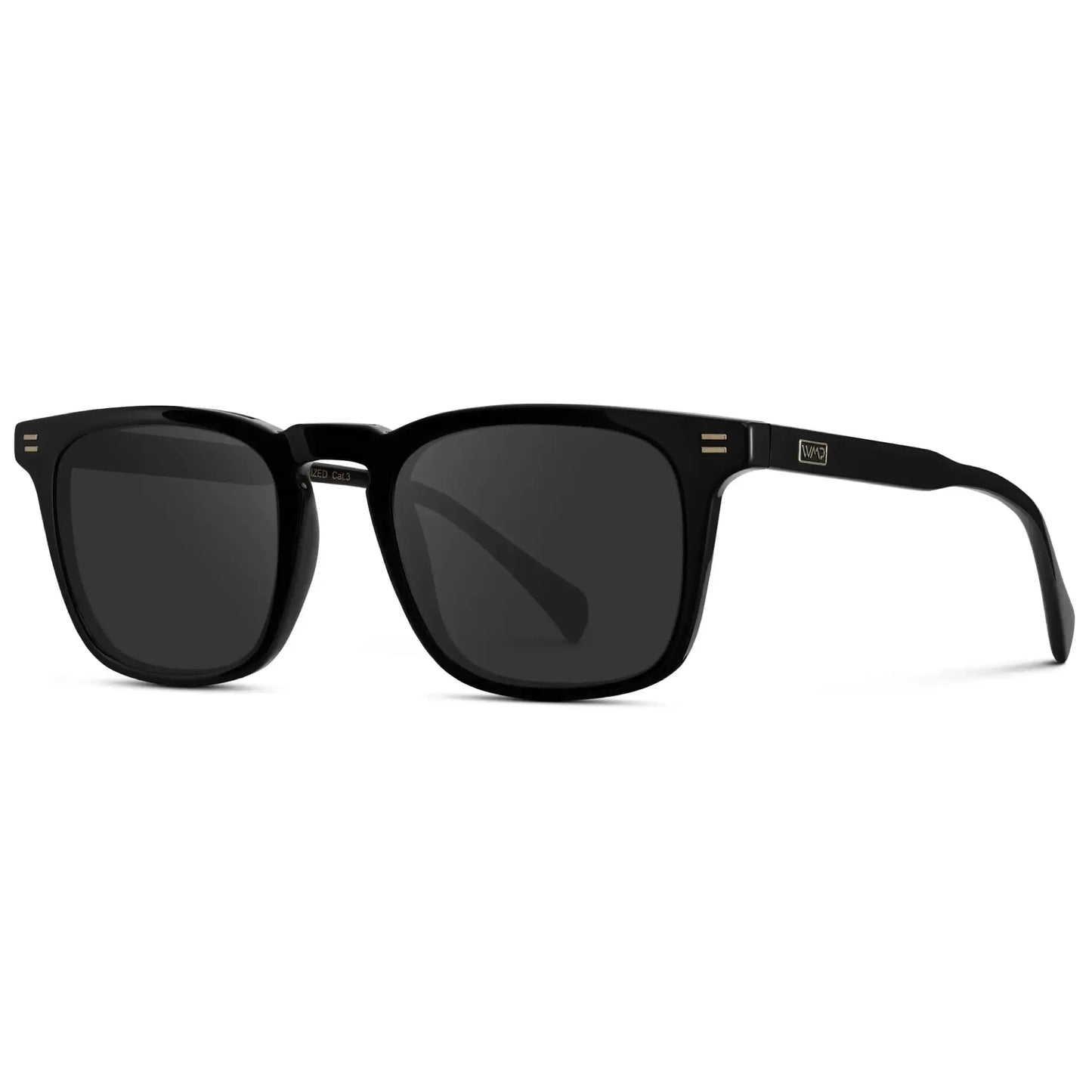 Black / Grey || Side view of Men's Rectangular Prescription Sunglasses with Black Frame and Grey Lenses on a white background