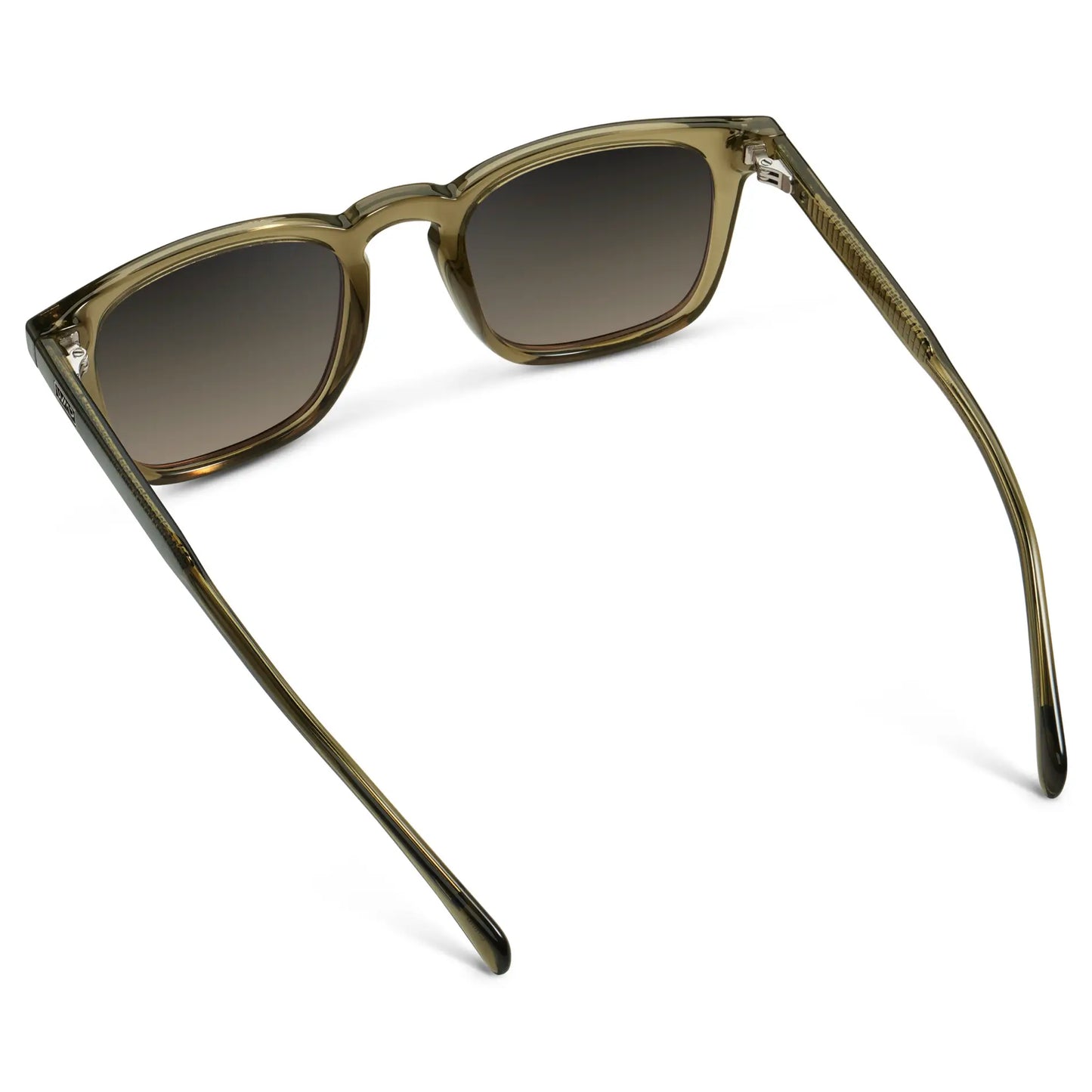 Khaki Green / Grey Brown Gradient Lens || Back view of Men's Rectangular Polarized Sunglasses with Green Frame and Grey Brown Gradient Lenses on a white background