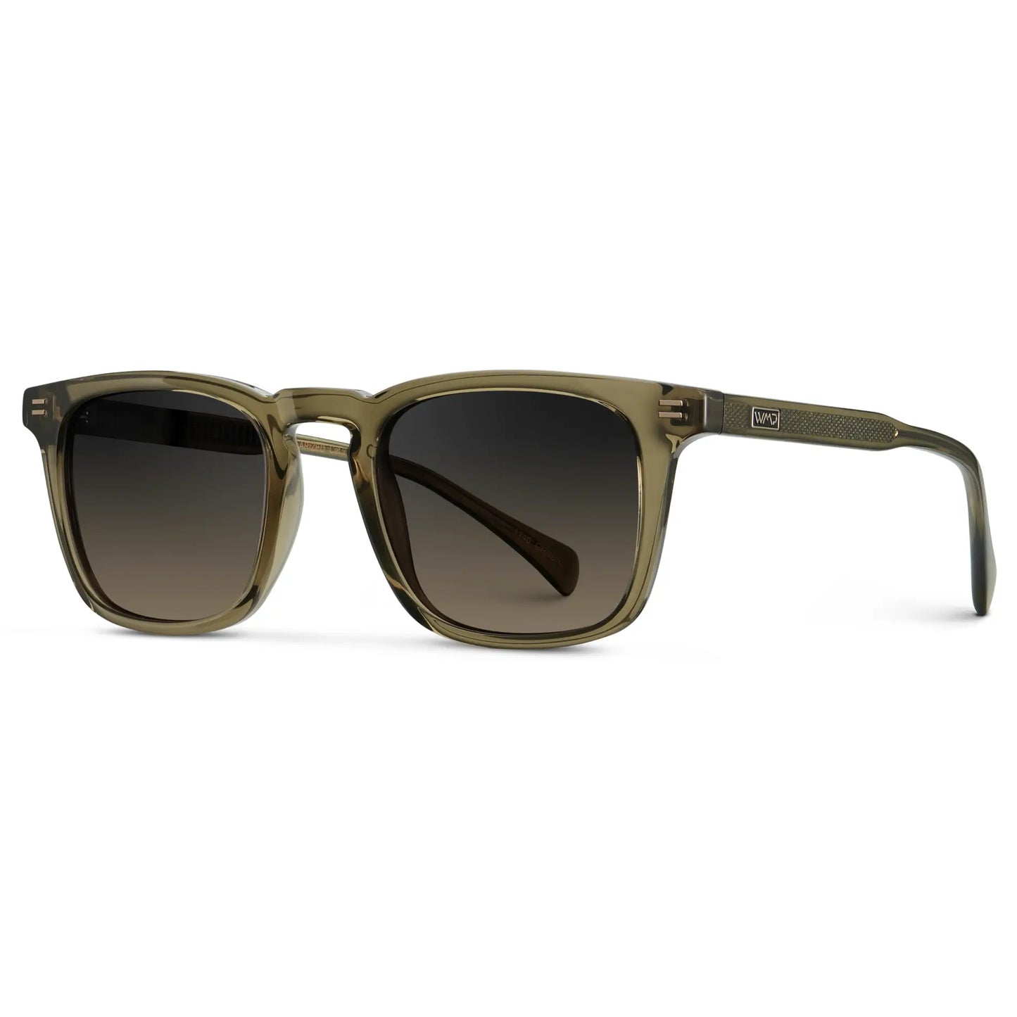 Khaki Green / Grey Brown Gradient Lens || Side view of Men's Rectangular Polarized Sunglasses with Green Frame and Grey Brown Gradient Lenses on a white background