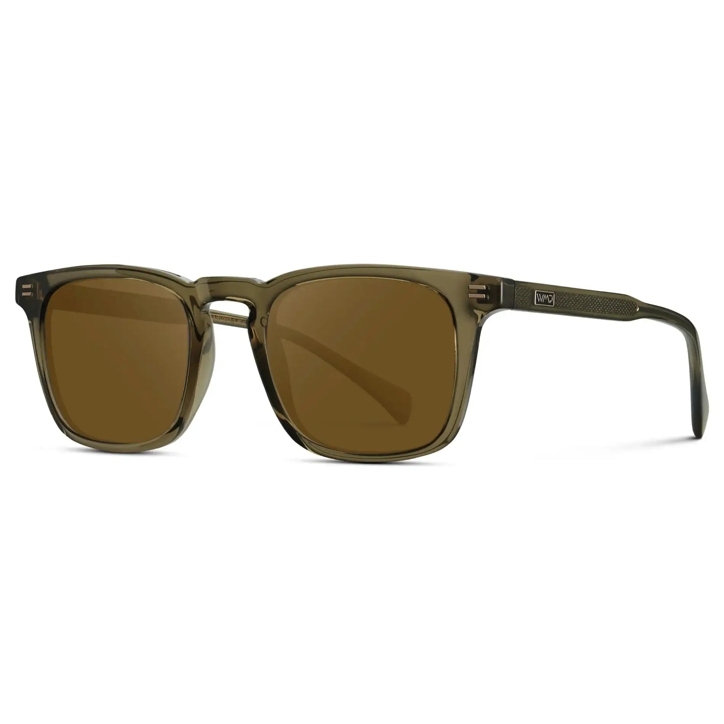 Khaki Green / Amber || Side view of Men's Rectangular Prescription Sunglasses with Khaki Green Frame and Amber Lenses on a white background