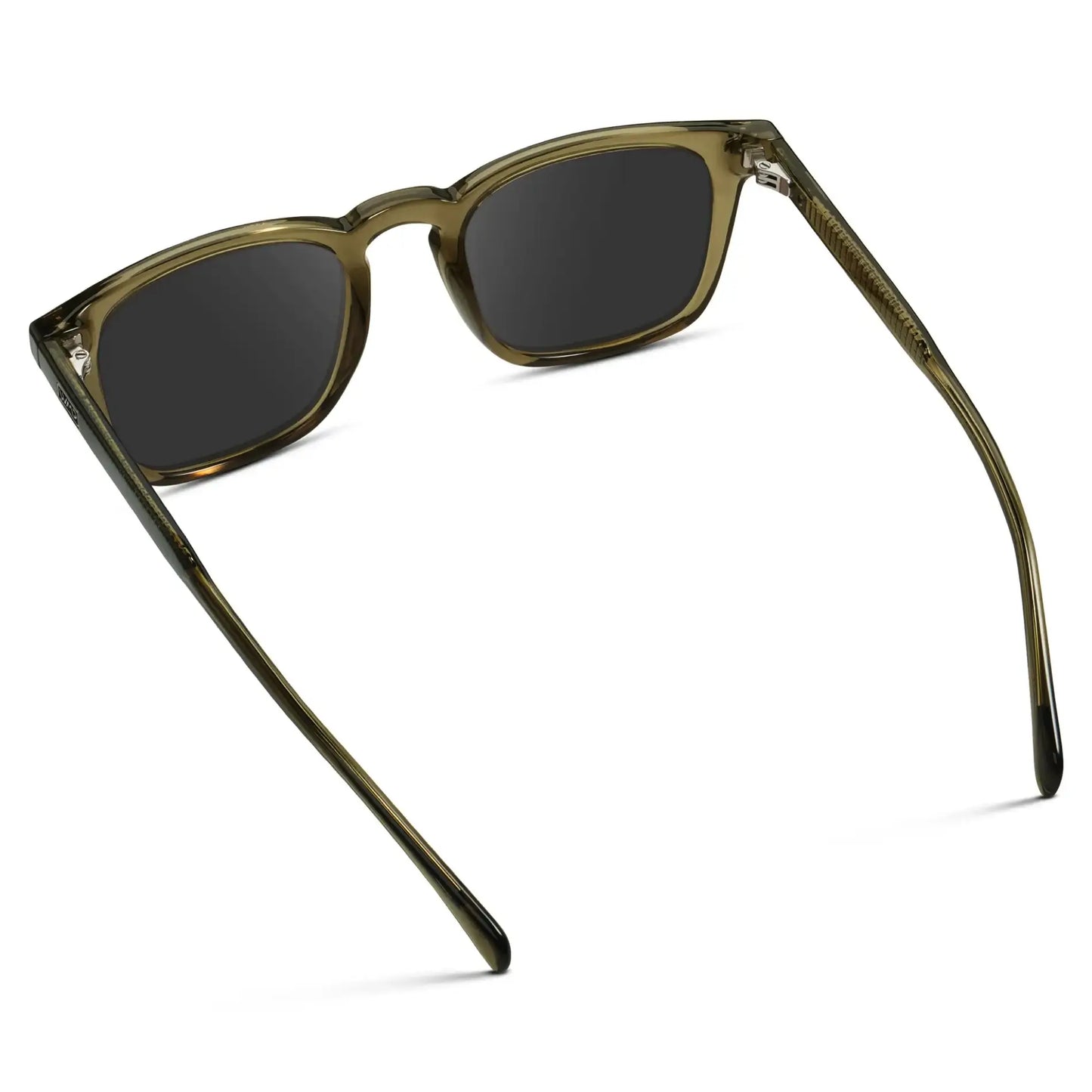 Khaki Green / Grey || Back view of Men's Rectangular Prescription Sunglasses with Khaki Green Frame and Grey Lenses on a white background