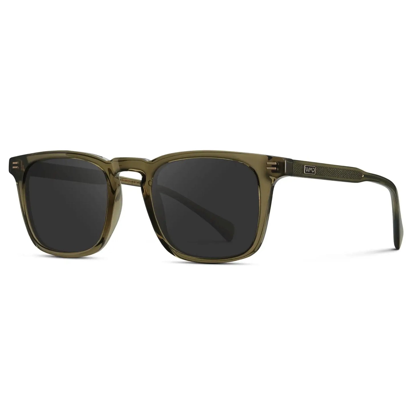Khaki Green / Grey || Side view of Men's Rectangular Prescription Sunglasses with Khaki Green Frame and Grey Lenses on a white background