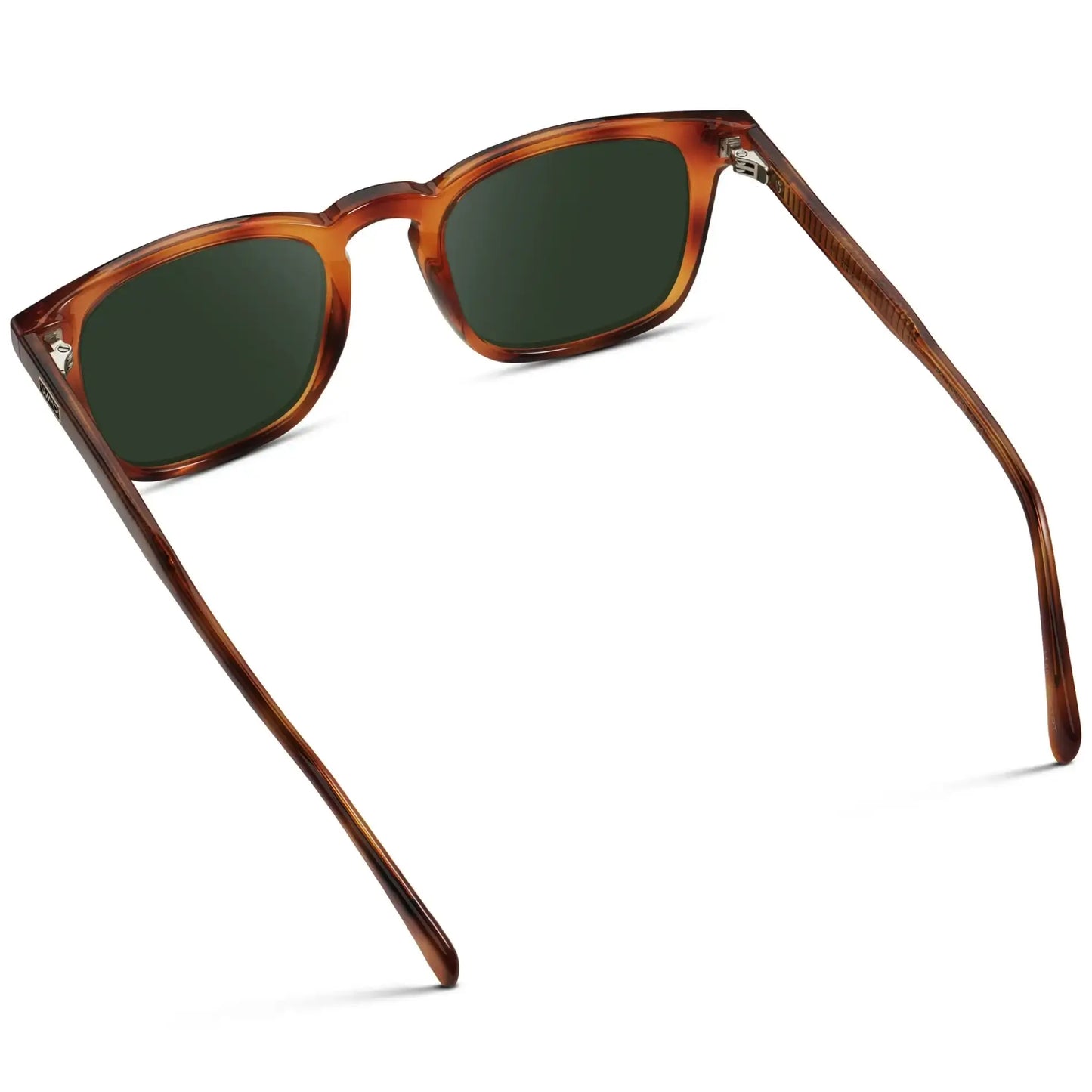 Honey Tortoise / G15 || Back view of Men's Rectangular Prescription Sunglasses with Honey Tortoise Frame and Green Lenses on a white background