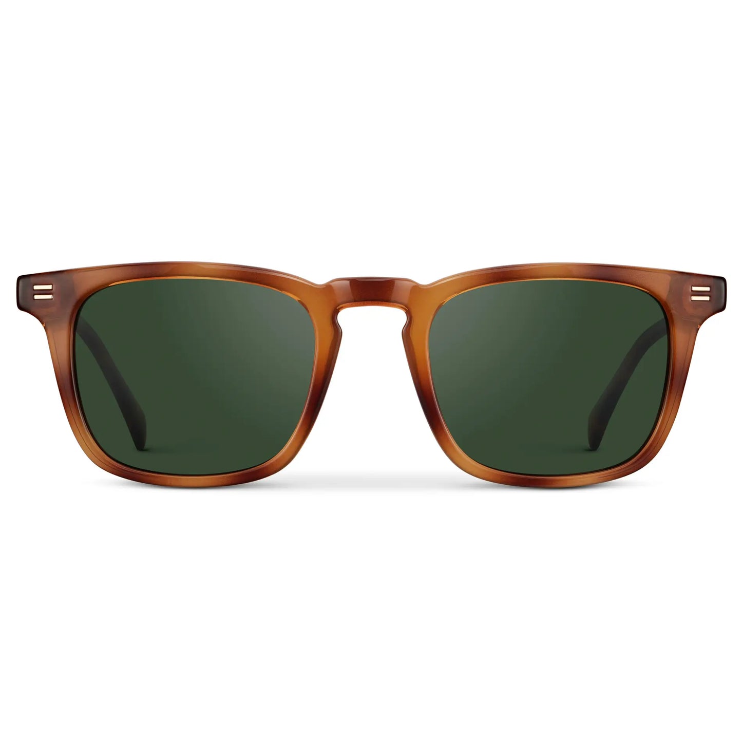 Honey Tortoise / Smoke Green Lens || Men's Rectangular Polarized Sunglasses with Honey Tortoise Frame and Green Lenses on a white background