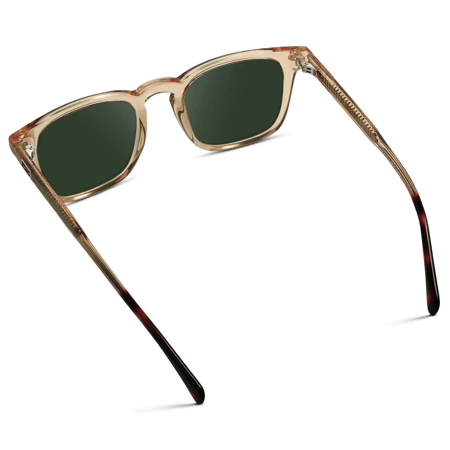 Sand Brown / G15 || Back view of Men's Rectangular Prescription Sunglasses with Sand Brown Frame and Green Lenses on a white background