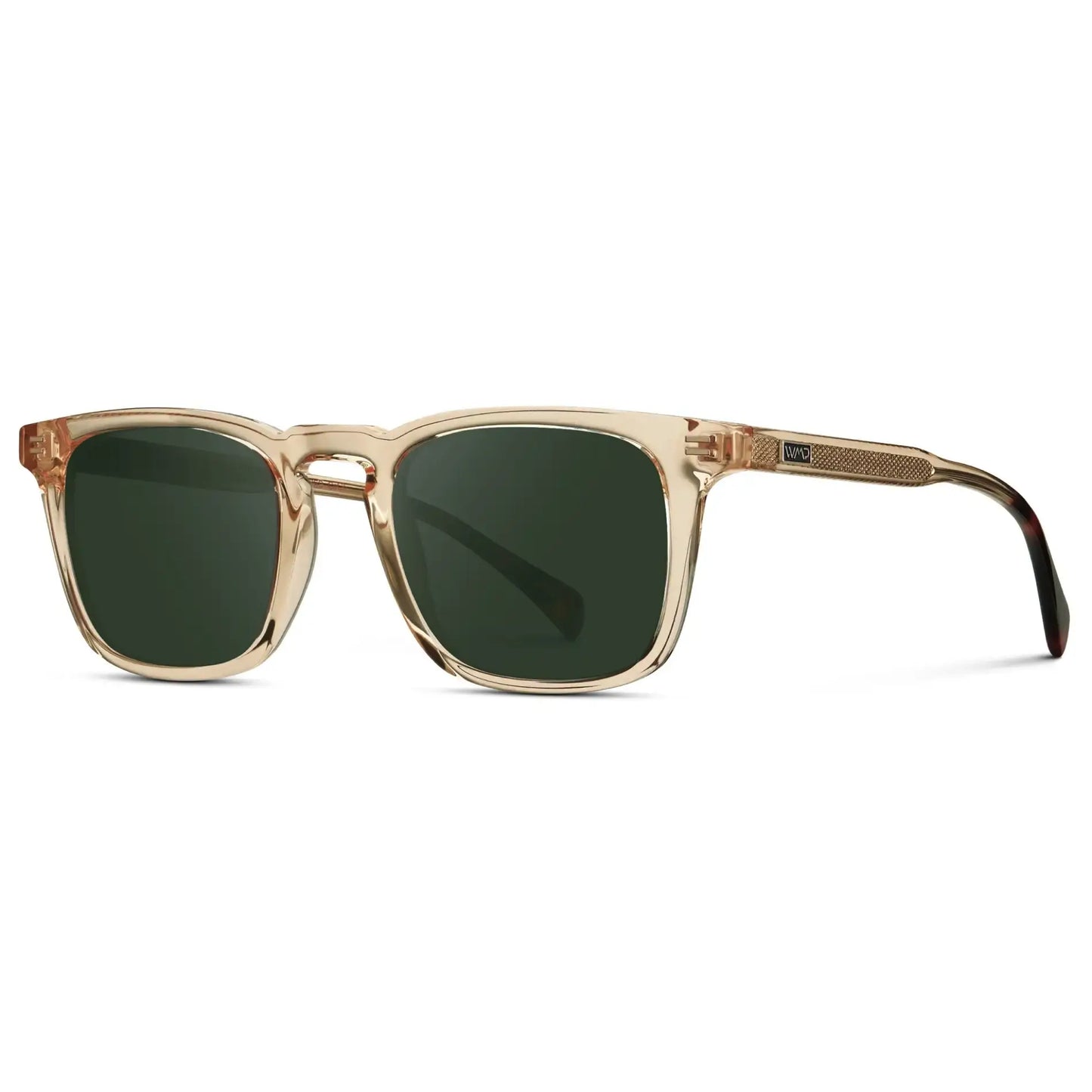 Sand Brown / G15 || Side view of Men's Rectangular Prescription Sunglasses with Sand Brown Frame and Green Lenses on a white background