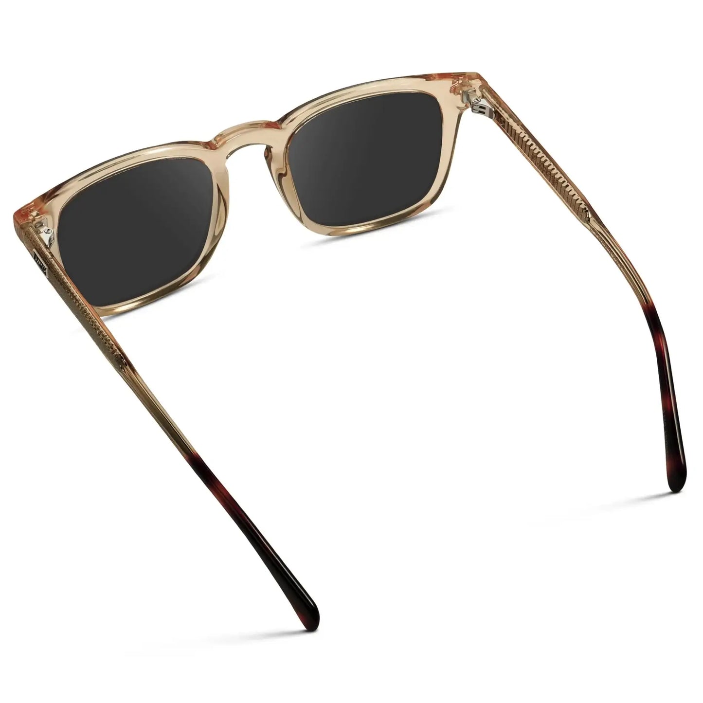 Sand Brown / Grey || Back view of Men's Rectangular Prescription Sunglasses with Sand Brown Frame and Grey Lenses on a white background