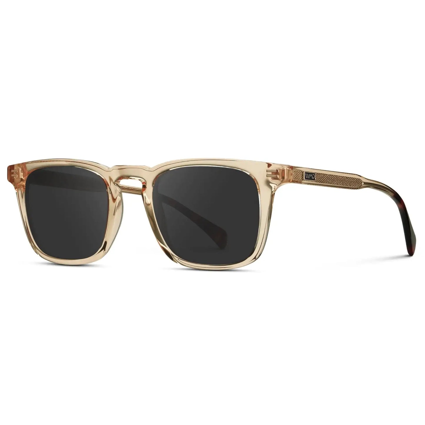 Sand Brown / Grey || Side view of Men's Rectangular Prescription Sunglasses with Sand Brown Frame and Grey Lenses on a white background