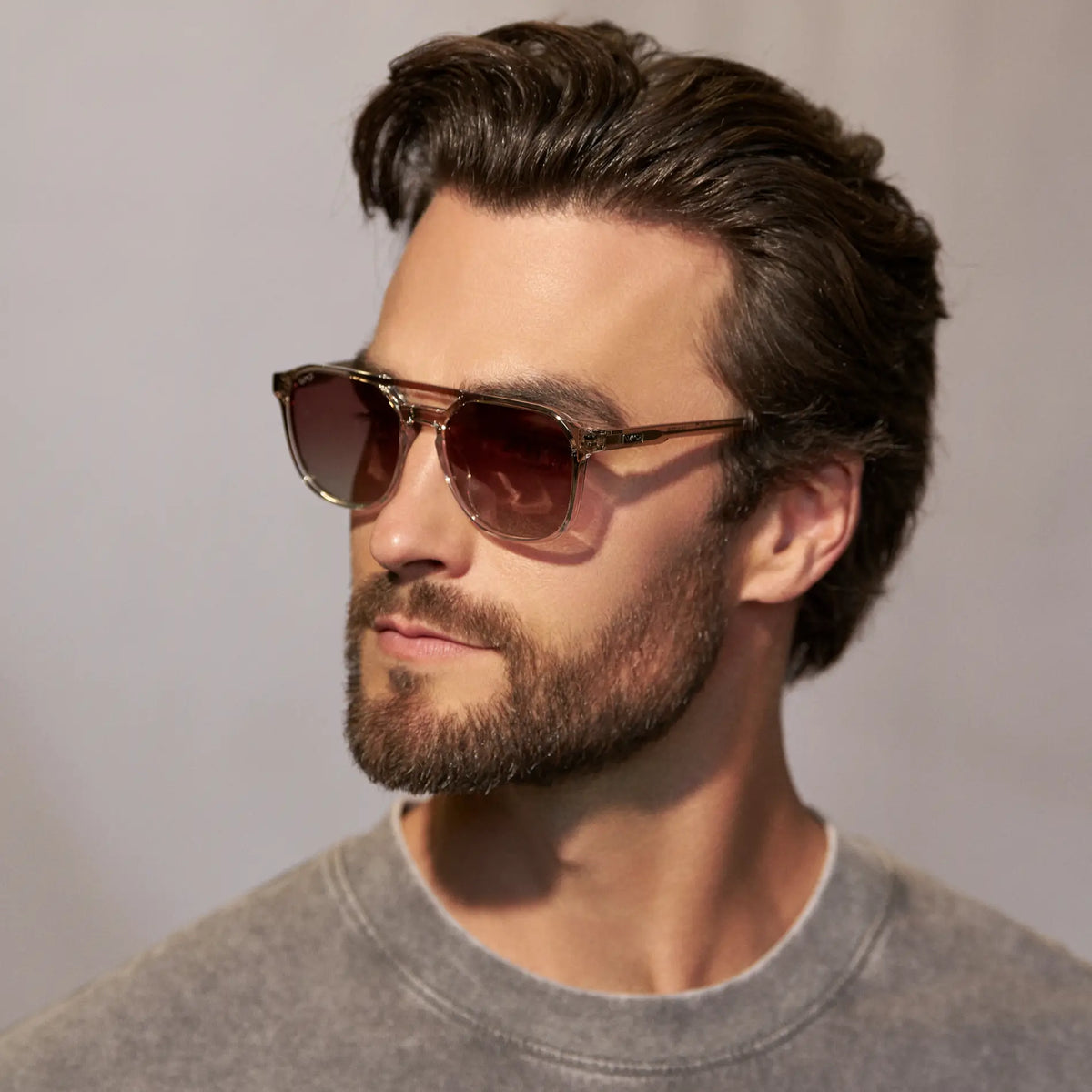 Charcoal Grey / Amber || Front view of Double Bridge Geometric Square Prescription Sunglasses with Charcoal Grey Acetate Frame and Brown Lenses on a white background