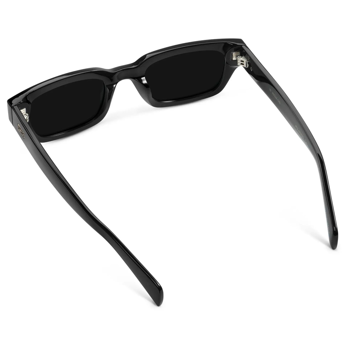 Black / Triple Black Lens || Back view of Women's Rectangular Polarized Sunglasses with Black Frame and Black Lenses on a white background
