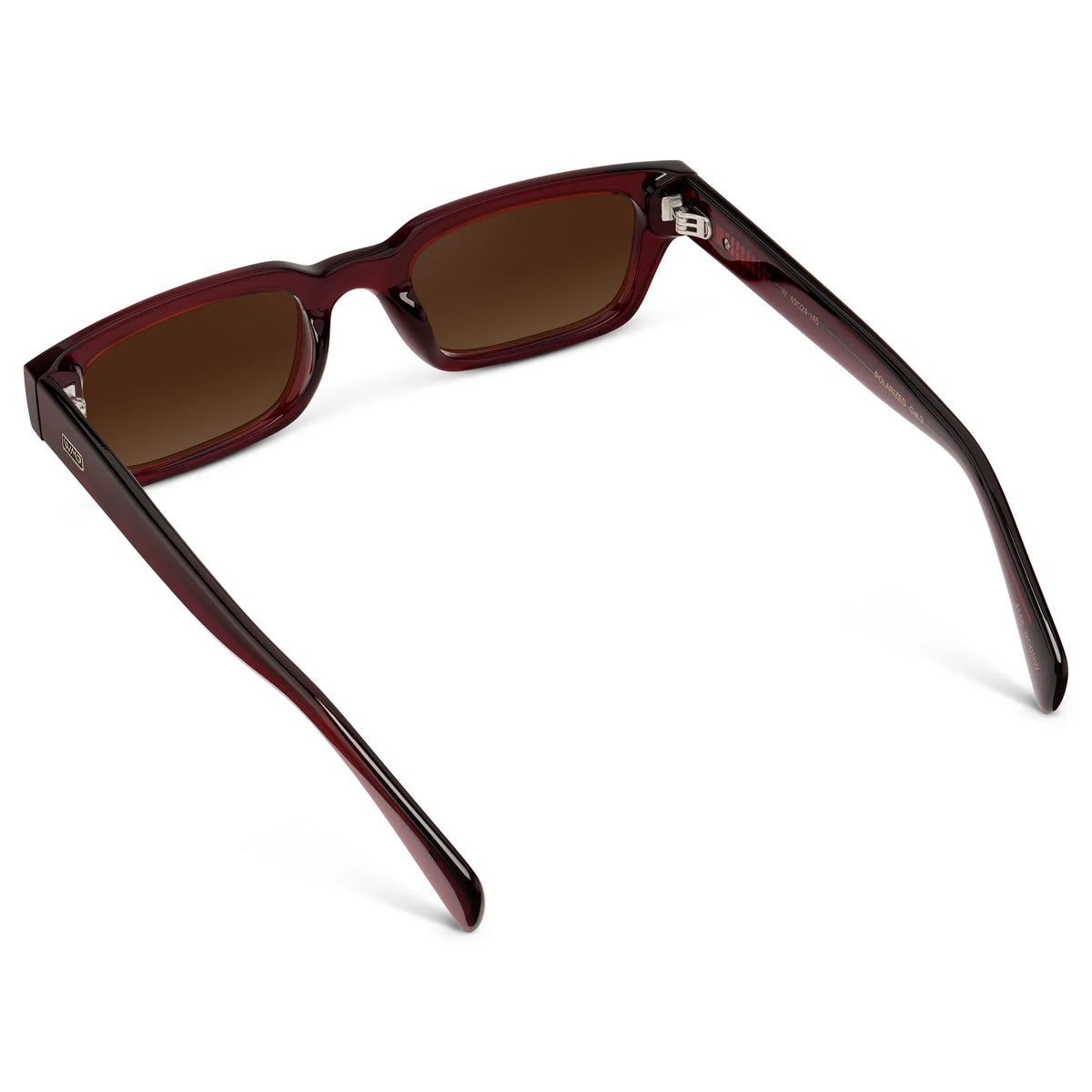 Red Garnet / Brown Gold Gradient Lens || Back view of Women's Rectangular Polarized Sunglasses with Red Garnet Frame and Brown Gold Gradient Lenses on a white background