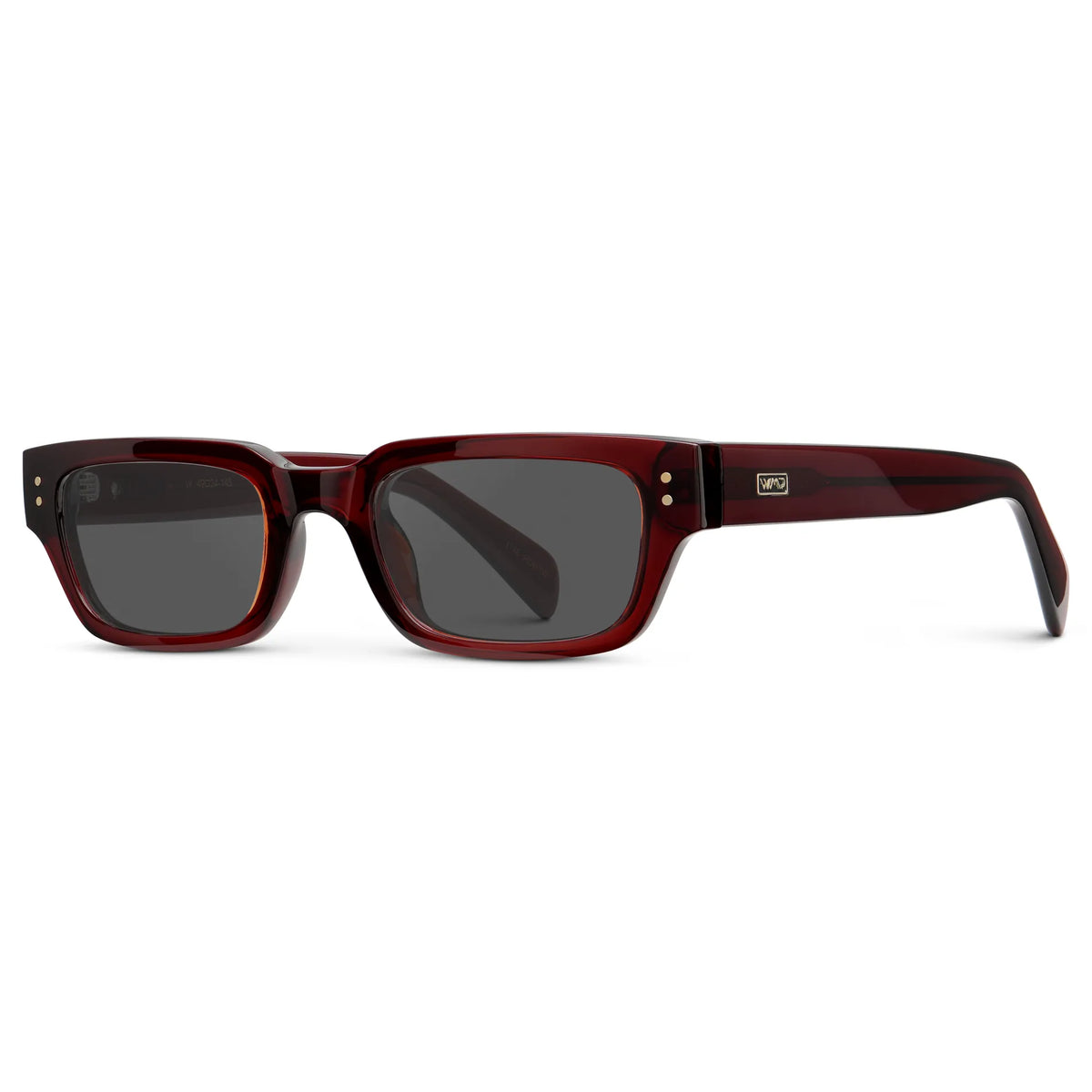 Red Garnet / Grey || Side view of Women's Rectangular Prescription Sunglasses with Red Garnet Frame and Grey Prescription Lens on a white background