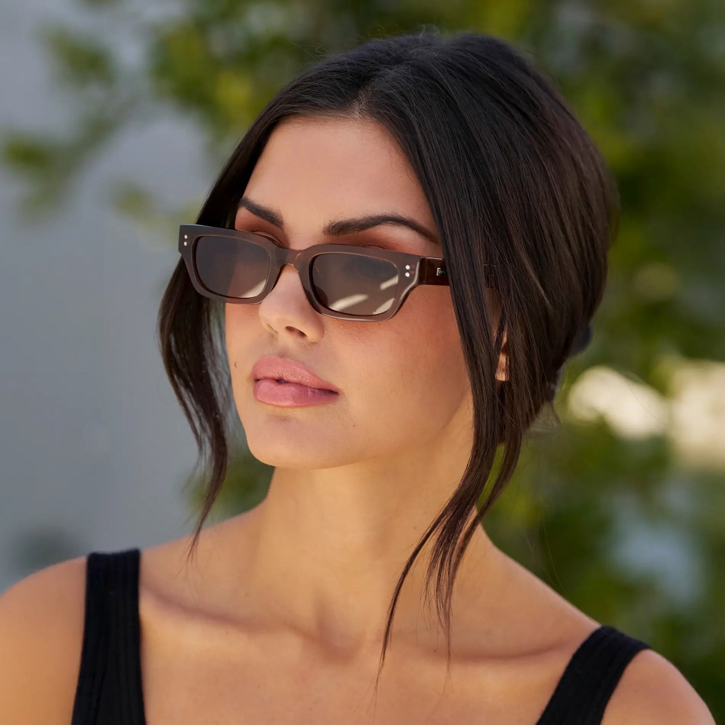 Cocoa Brown / Brown Lens || Model wearing Women's Rectangular Polarized Sunglasses with Cocoa Brown Frame and Brown Lenses