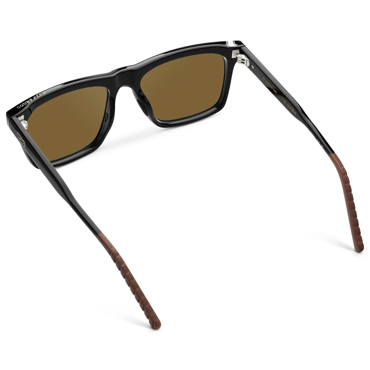 Black / Amber || Back view of Men's Classic Rectangular Prescription Sunglasses with Black Frame and Brown Lens on a white background