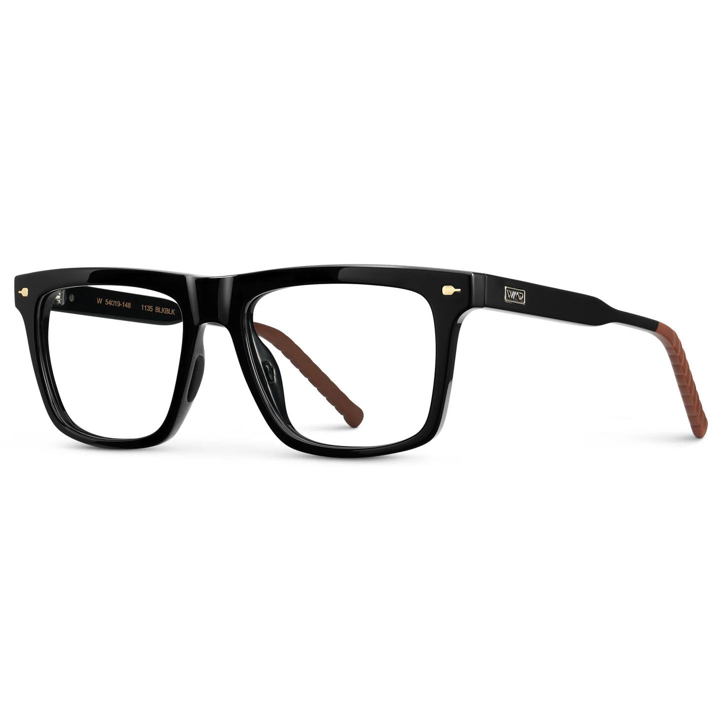 Black || Side view of Men's Classic Rectangular Prescription Eyeglasses with Black Frame and Clear Lens on a white background