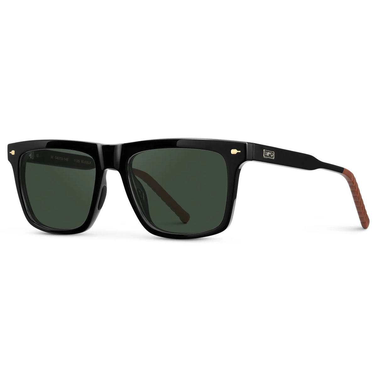Black / G15 || Side view of Men's Classic Rectangular Prescription Sunglasses with Black Frame and Green Lens on a white background