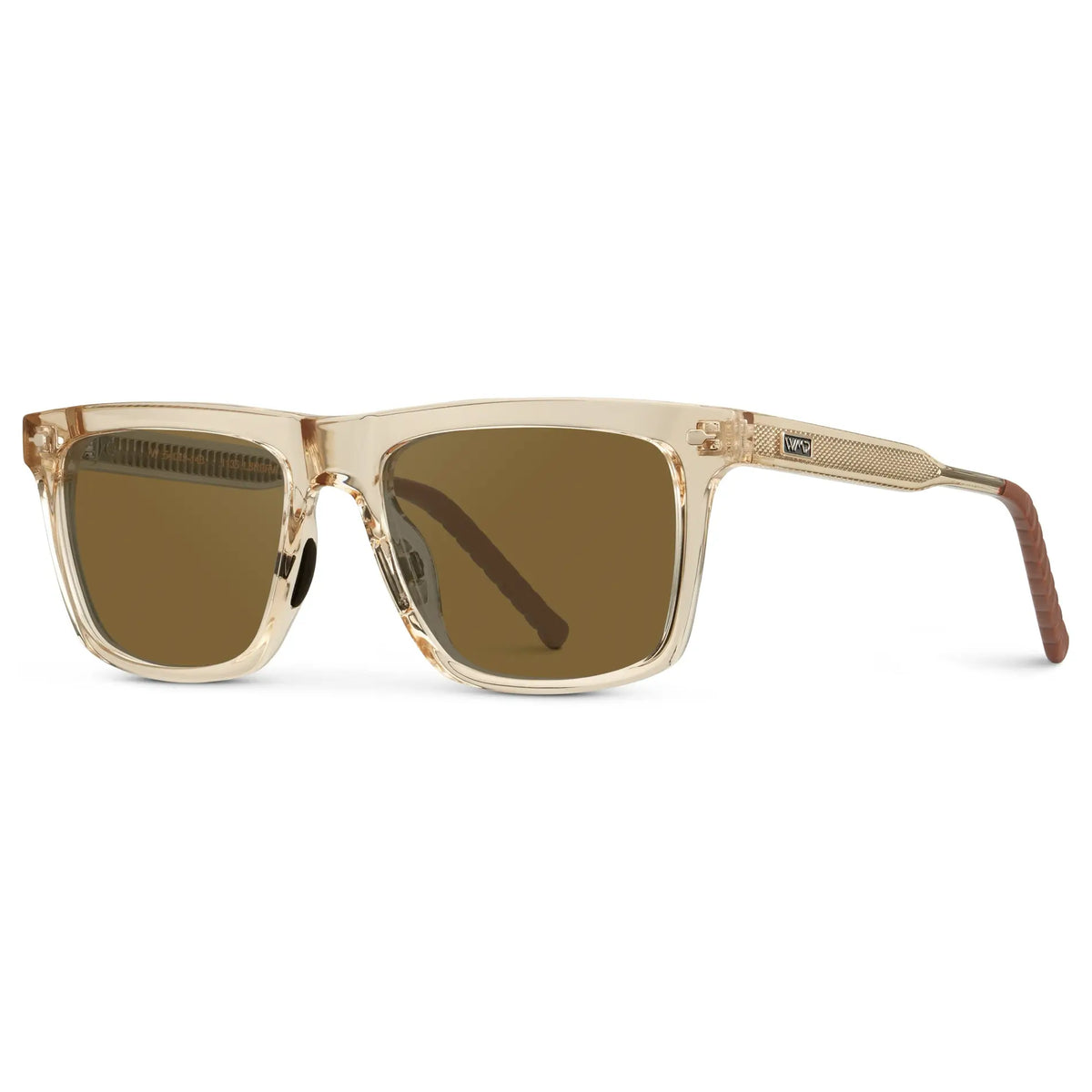 Sand Brown / Amber || Side view of Men's Classic Rectangular Sunglasses with Sand Brown Frame and Brown Lens on a white background