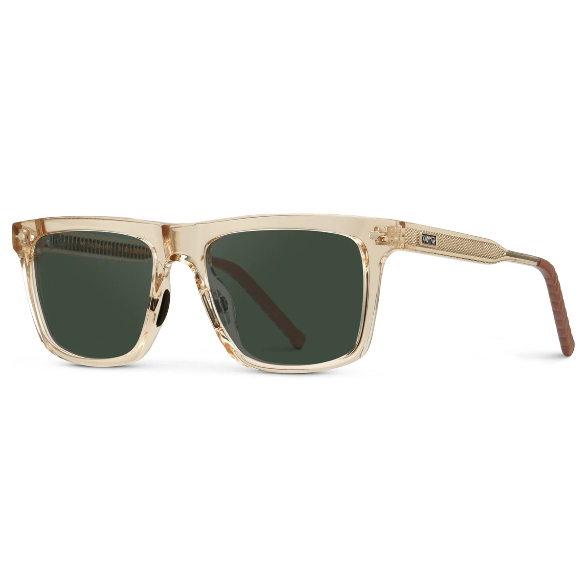 Sand Brown / G15 || Side view of Men's Classic Rectangular Sunglasses with Sand Brown Frame and Green Lens on a white background
