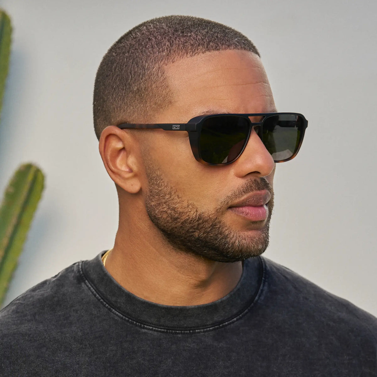 Matte Black Tortoise / Grey || Man wearing Matte Black Tortoise Men's Square Aviator Prescription Sunglasses with Grey Lenses