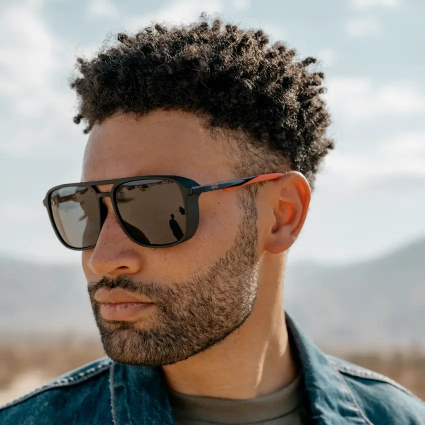 Black Frame/Red Tips || Black Square Aviator Red-Tipped Sunglasses with Black Polarized Lenses