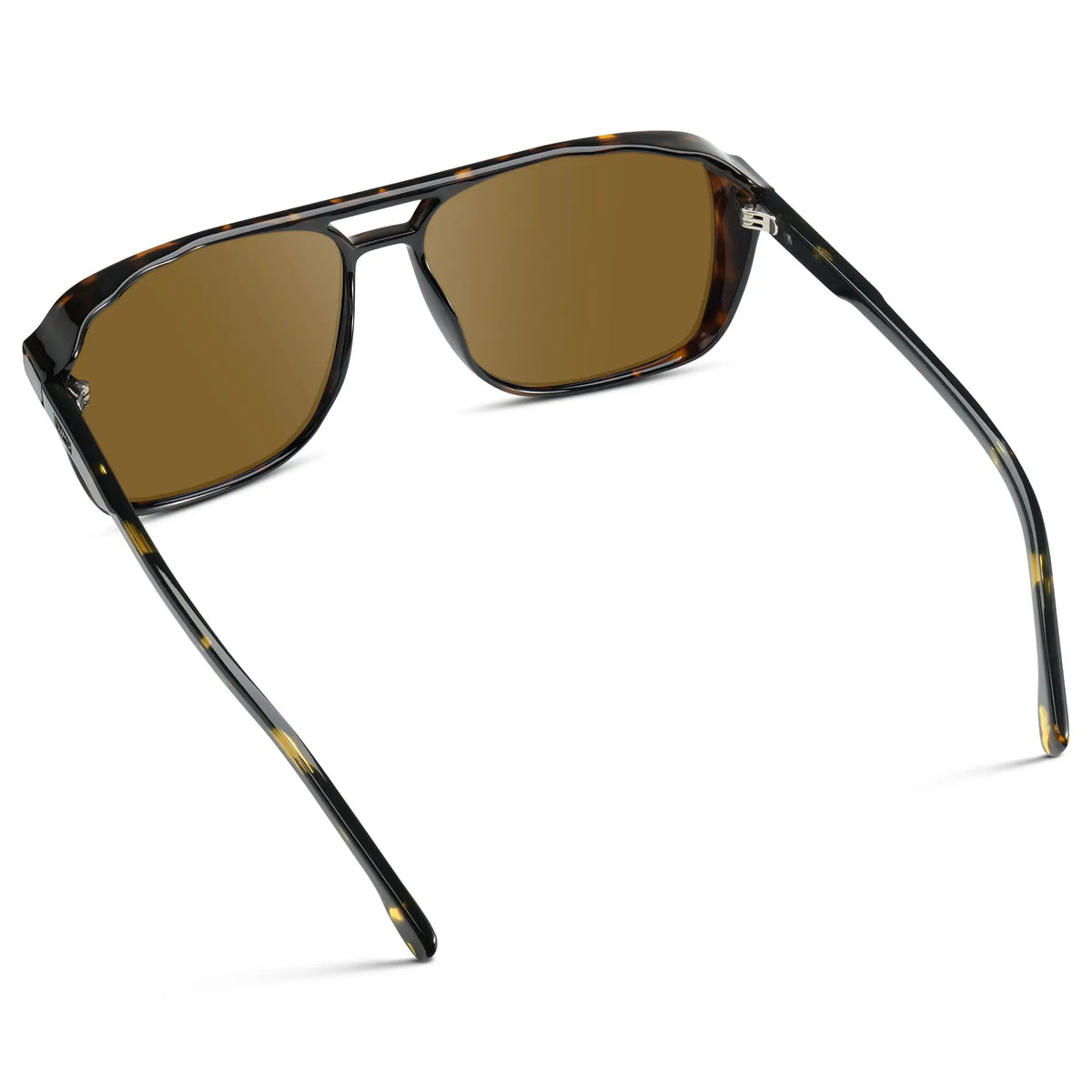 Obsidian Gold Tortoise / Amber || Back view of Obsidian Gold Tortoise Square Aviator Prescription Sunglasses with Brown Lenses on a white background