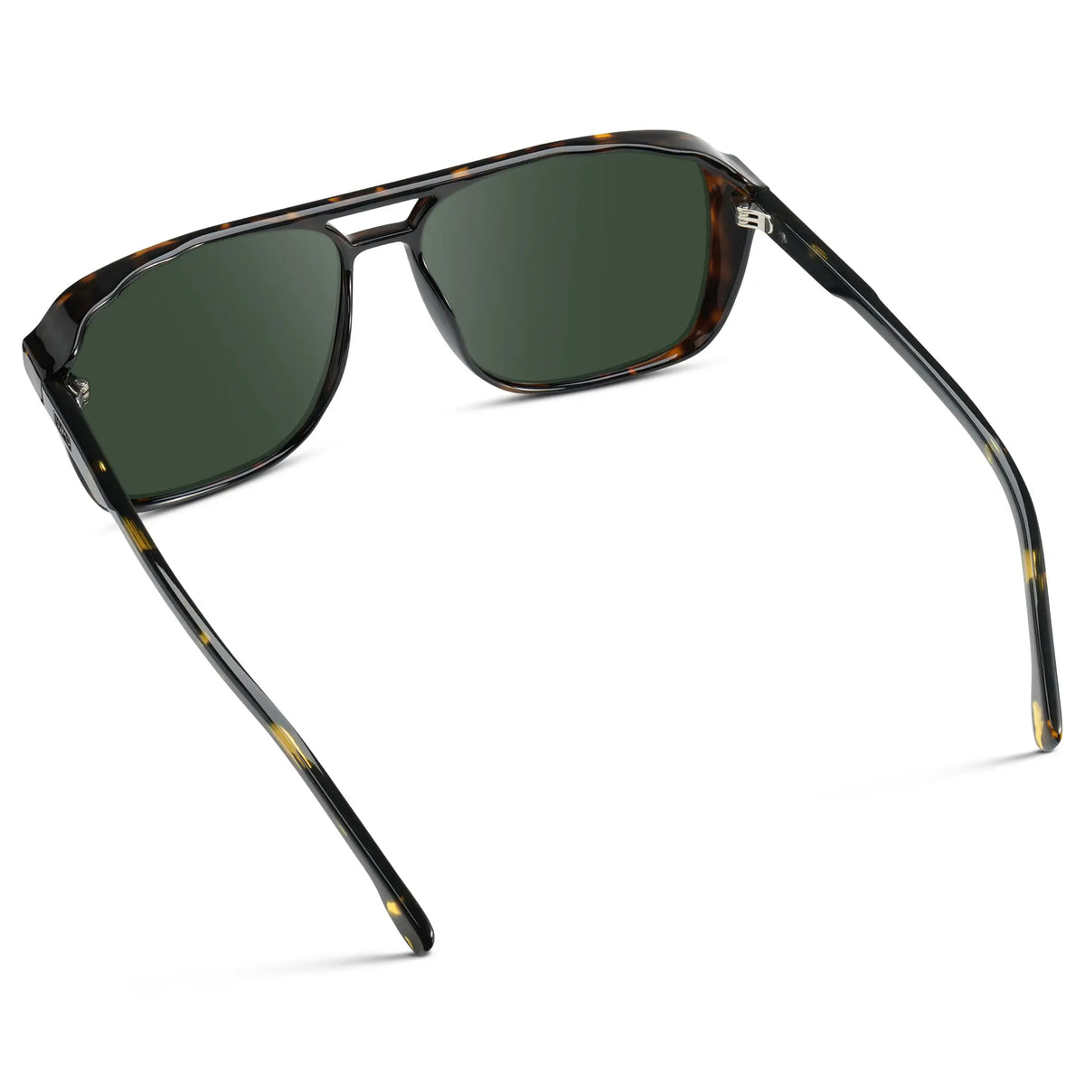 Obsidian Gold Tortoise / G15 || Back view of Obsidian Gold Tortoise Square Aviator Prescription Sunglasses with Green Lenses on a white background