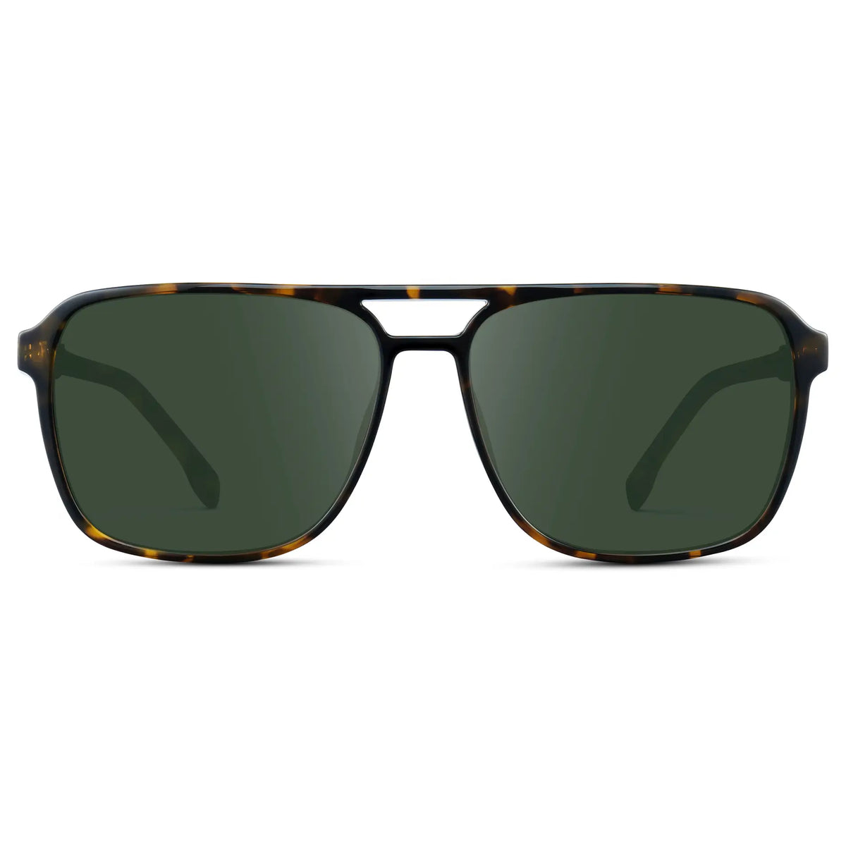 Obsidian Gold Tortoise / G15 || Obsidian Gold Tortoise Square Aviator Prescription Sunglasses with Green Lenses on a white background
