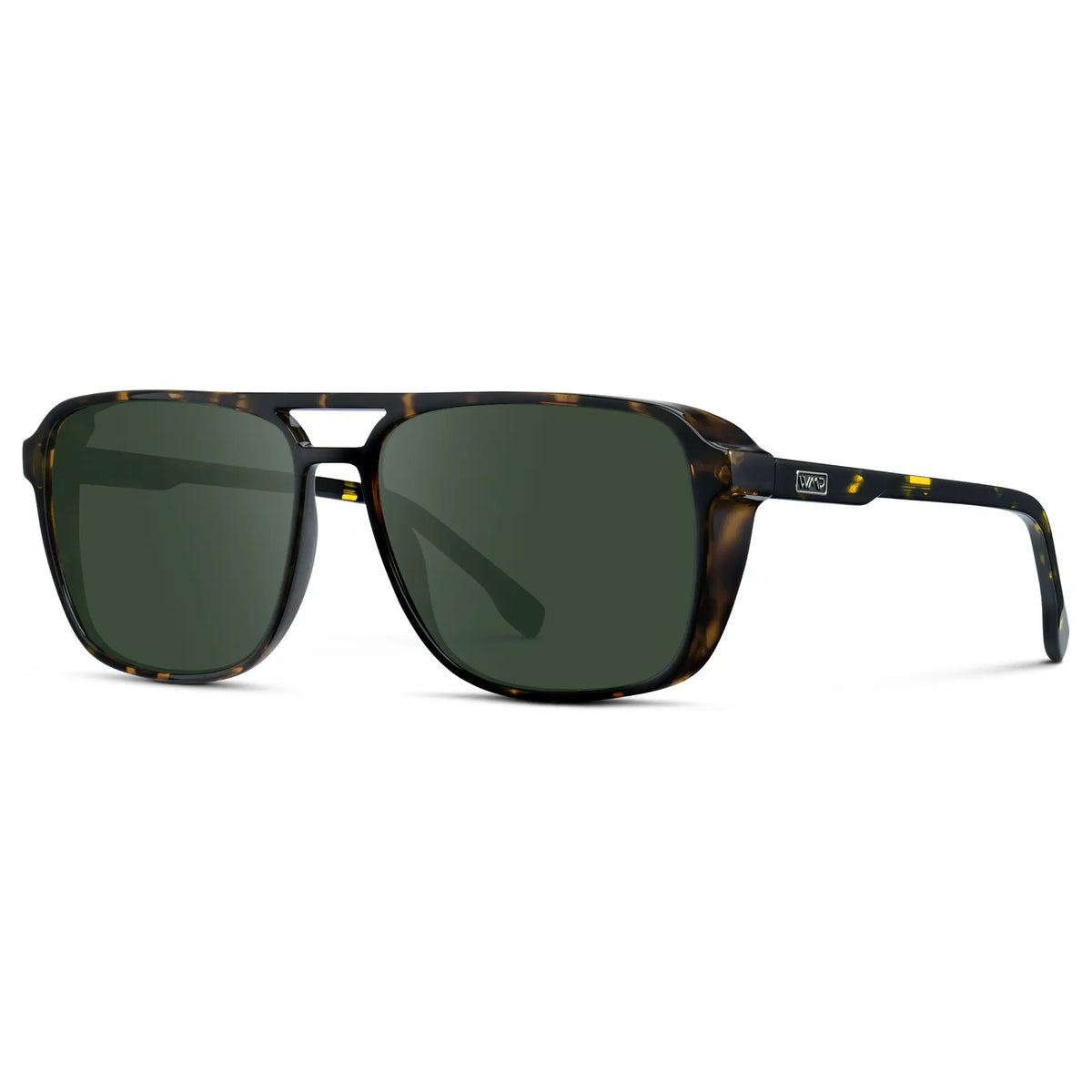 Obsidian Gold Tortoise / G15 || Side view of Obsidian Gold Tortoise Square Aviator Prescription Sunglasses with Green Lenses on a white background