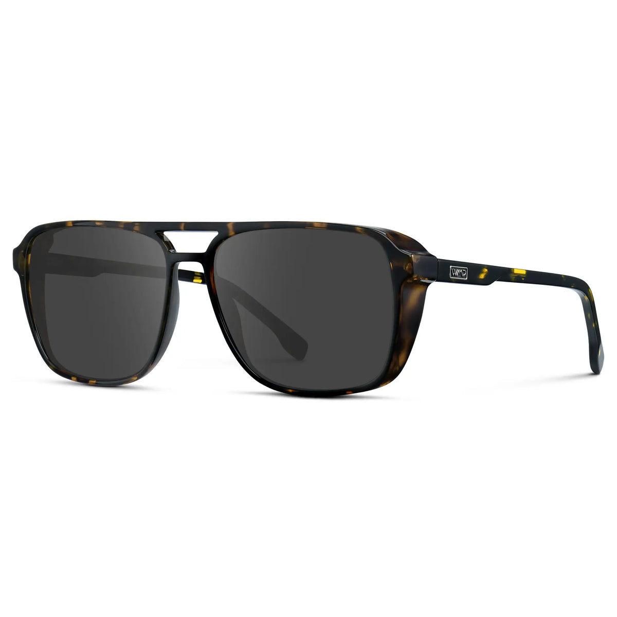 Obsidian Gold Tortoise / Grey || Side view of Obsidian Gold Tortoise Square Aviator Prescription Sunglasses with Grey Lenses on a white background