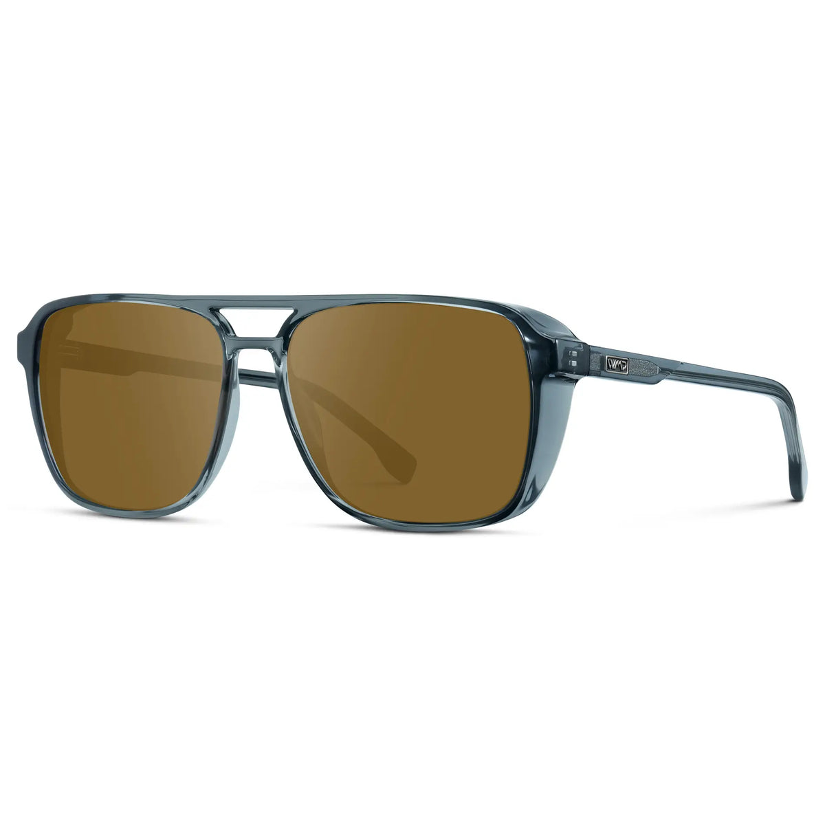 Stone Blue / Amber || Side view of Stone Blue Men's Square Aviator Prescription Sunglasses with Brown Lenses on a white background