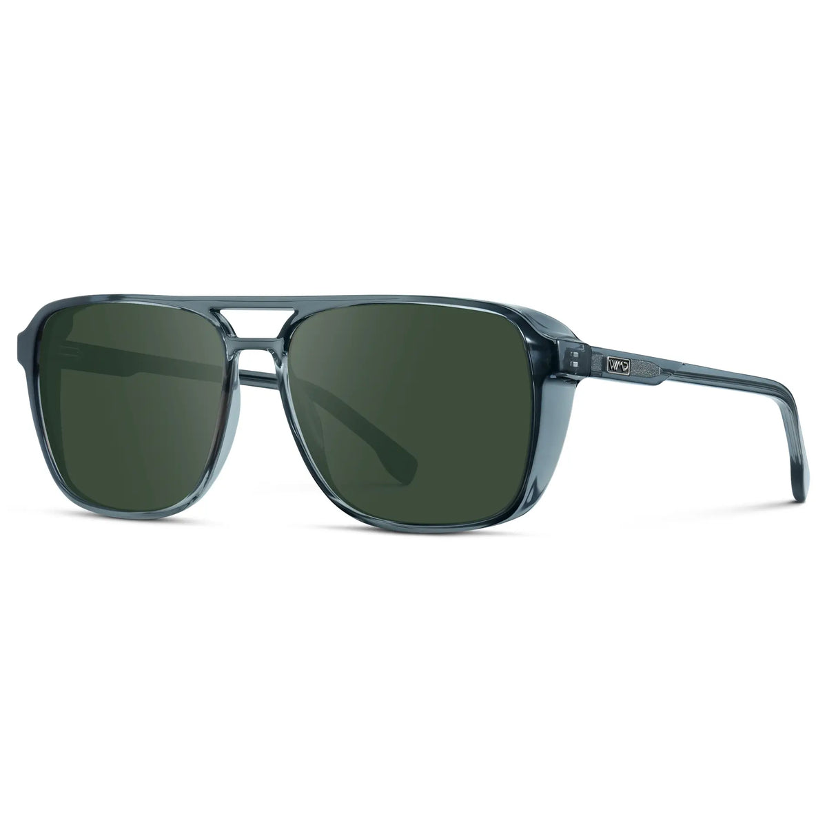 Stone Blue / G15 || Side view of Stone Blue Men's Square Aviator Prescription Sunglasses with Green Lenses on a white background