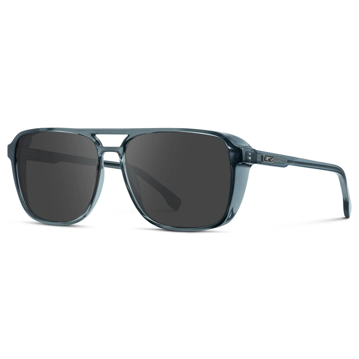 Stone Blue / Grey || Side view of Stone Blue Men's Square Aviator Prescription Sunglasses with Grey Lenses on a white background