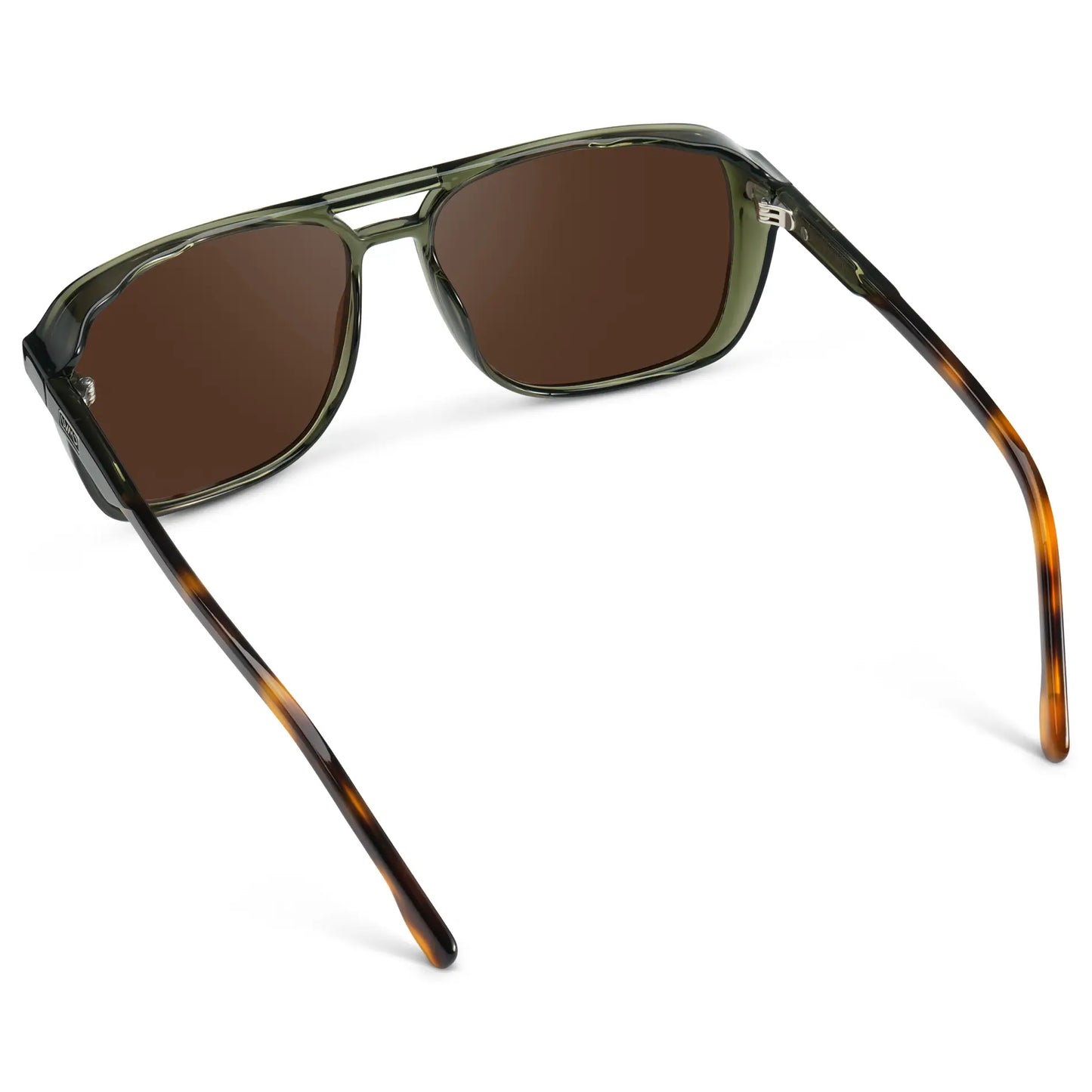 Tortoise Sage / Dark Brown Lens || Back view of Tortoise Sage Square Aviator Sunglasses with Dark Brown Polarized Lenses on a white background