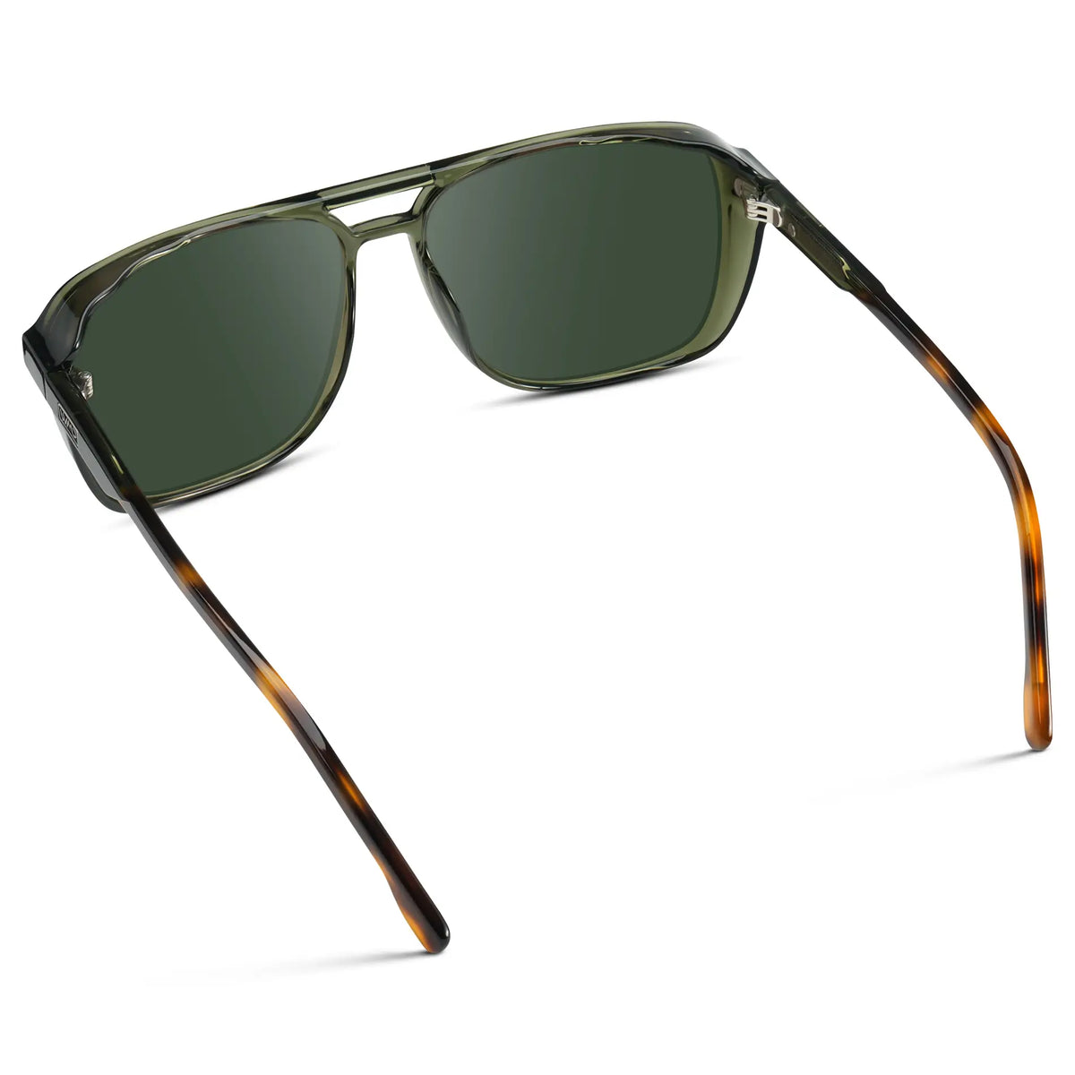 Tortoise Sage / G15 || Back view of Tortoise Sage Men's Square Aviator Prescription Sunglasses with Green Lenses on a white background