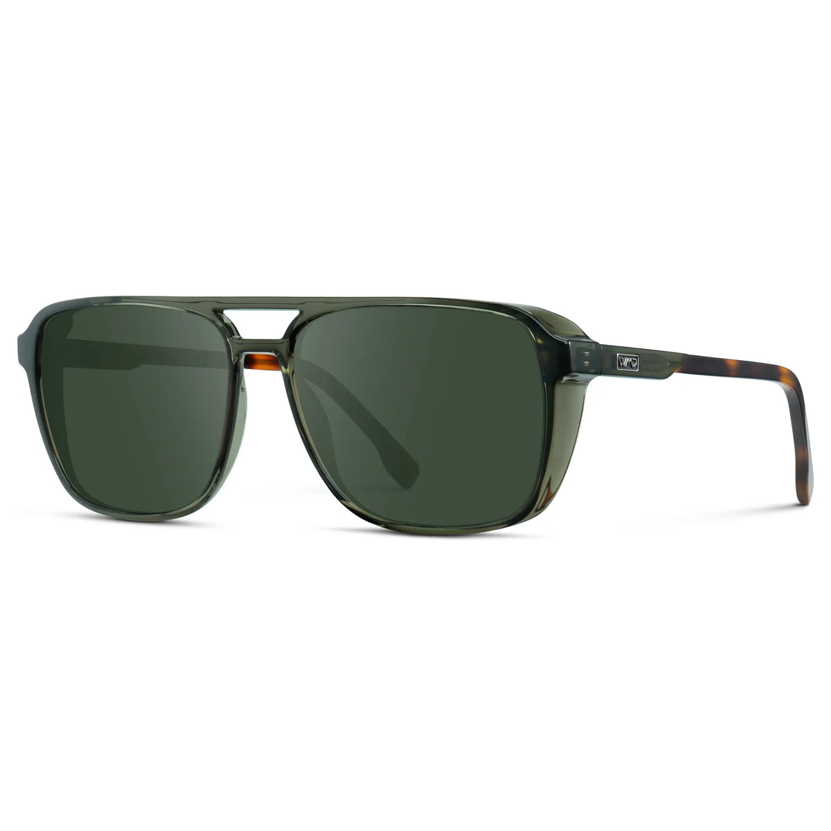 Tortoise Sage / G15 || Side view of Tortoise Sage Men's Square Aviator Prescription Sunglasses with Green Lenses on a white background